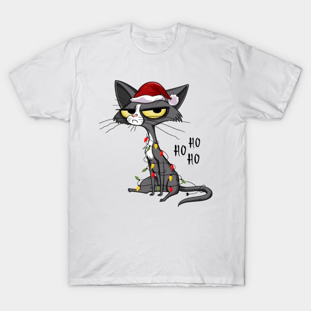 Grumpy Christmas cat Santa hat T-Shirt by AmiG